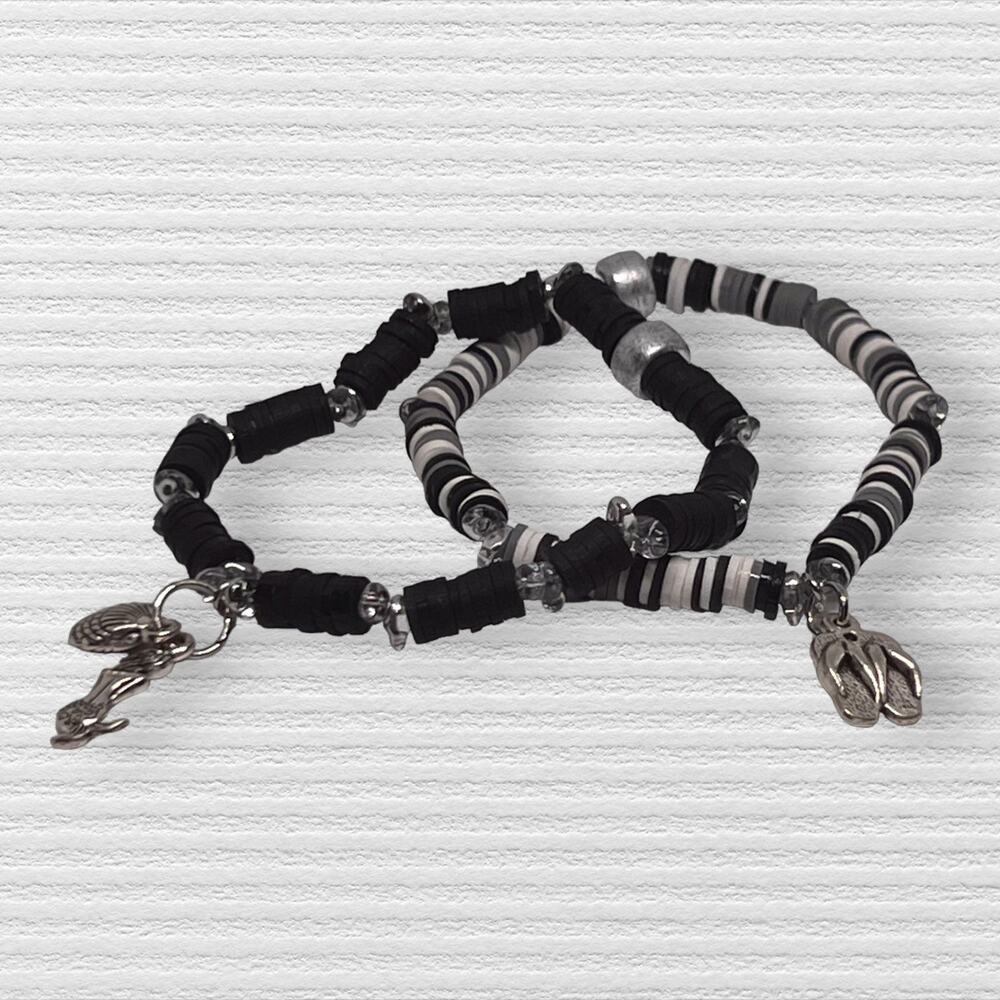 Black & Grey Polymer Clay Czech Glass Stretch Beachy Charm Bracelet Set